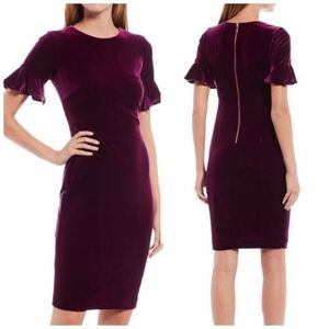 Calvin Klein Green Velvet Sheath Flurer Sleeve Dress